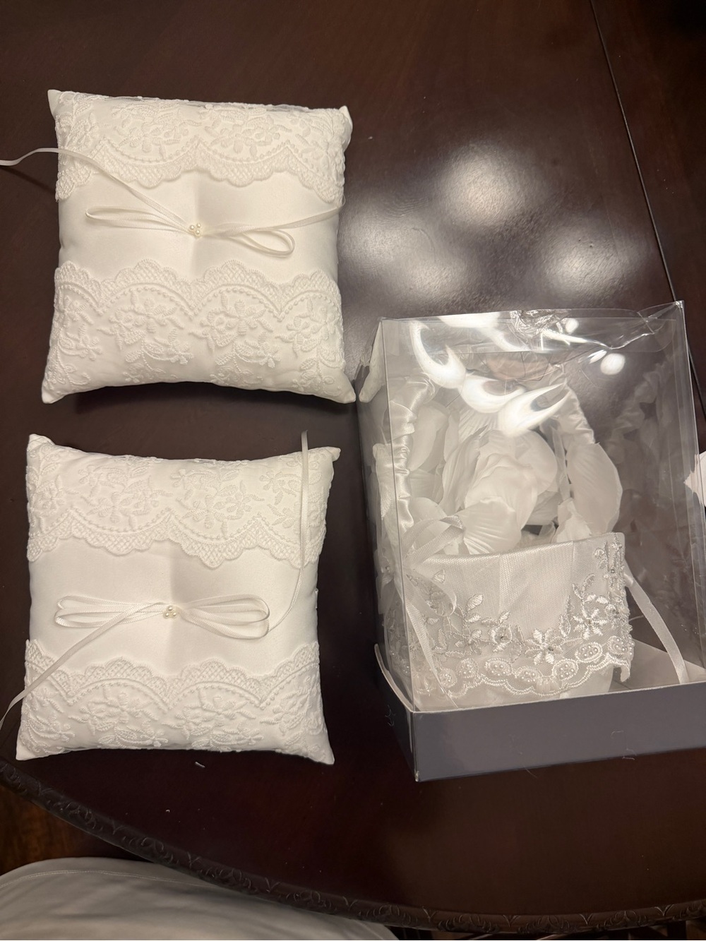 Elegant White Lace Ring Bearer Pillows and Flower Basket Set